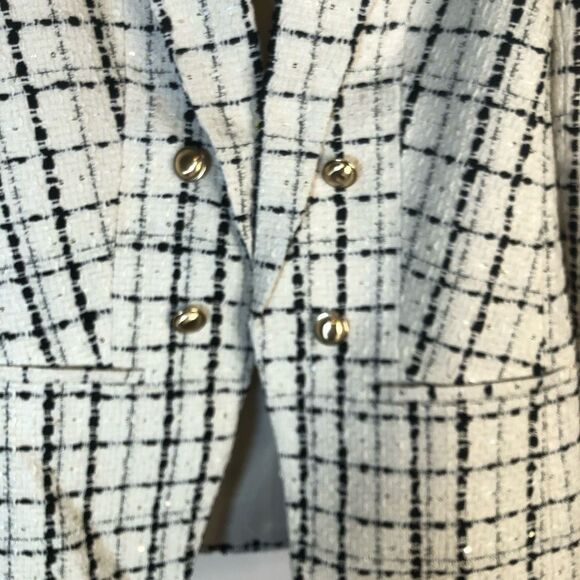 Express Womens Plaid Double Breasted Boyfriend Blazer Jacket Cream Black Medium - Picture 4 of 6
